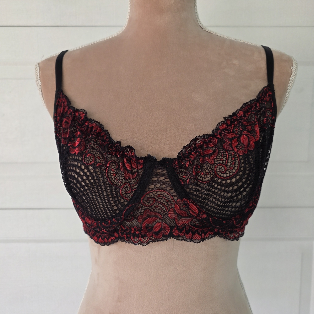 Red Black Lace Underwire Bra XL– Sheer Floral Mesh Romantic Gothic Lingerie